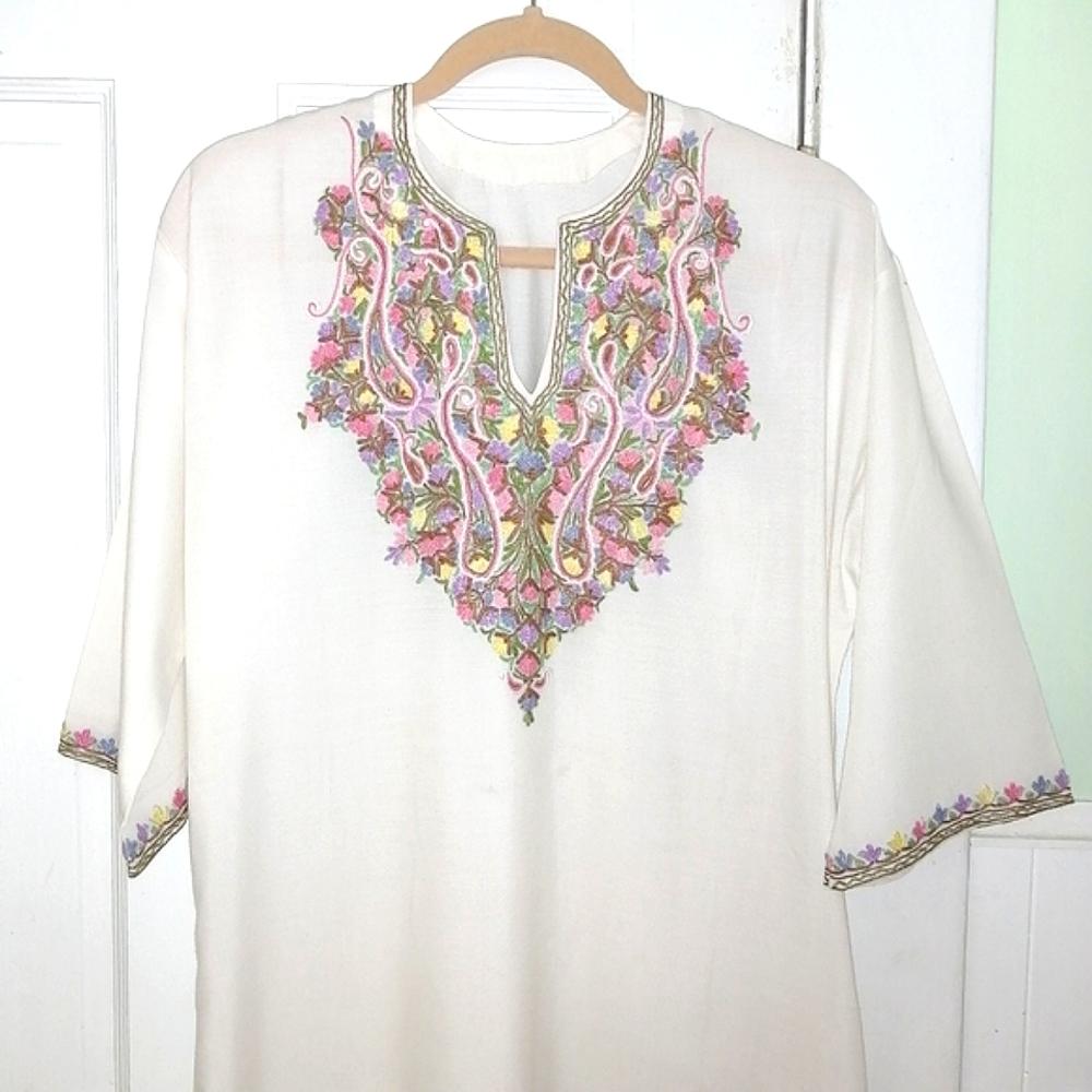 Long white cotton tunic with floral pastel embroidery handmade